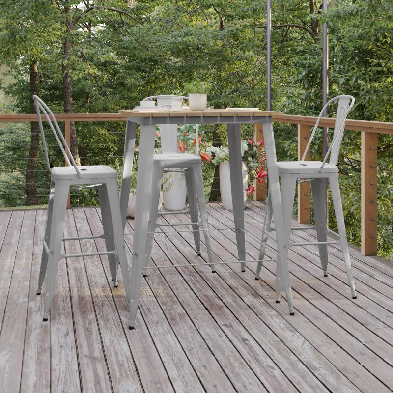 Declan Commercial Indoor/Outdoor Bar Top Square Table, 31.5", Brown/Silver