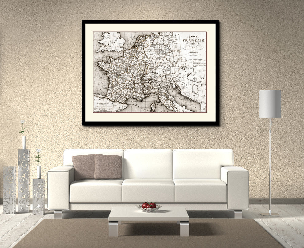 France Revolution Old Sepia Map Print On Canvas With Black Frame, 16" X 21"