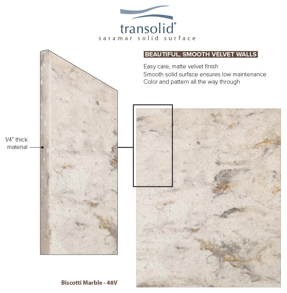 Transolid SaraMar 48"x36"x72" 3-Piece Shower Wall Kit, Biscotti Marble Velvet