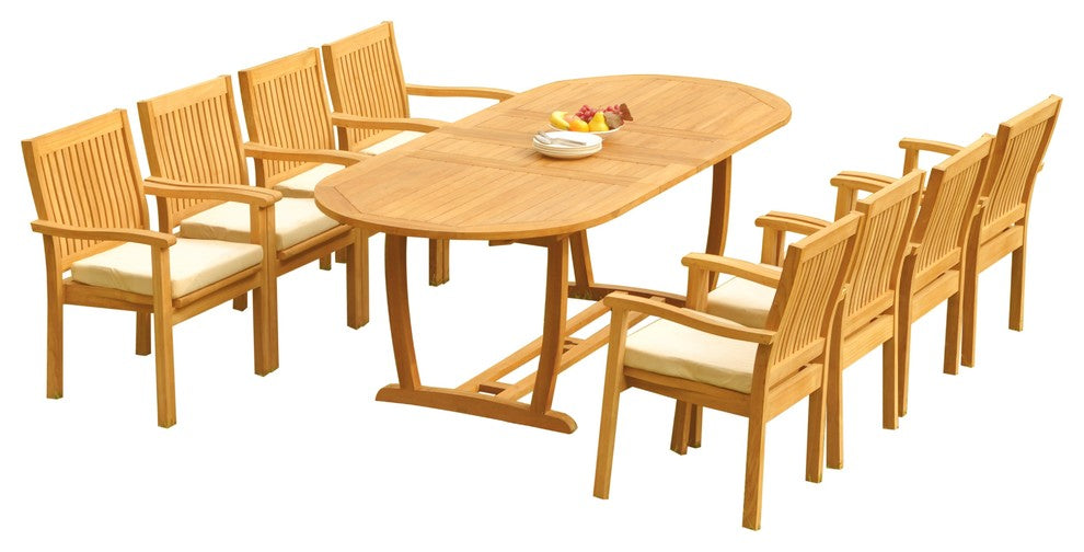 9-Piece Outdoor Teak Dining Set: 94" Masc Oval Table, 8 Leve Stacking Arm Chairs