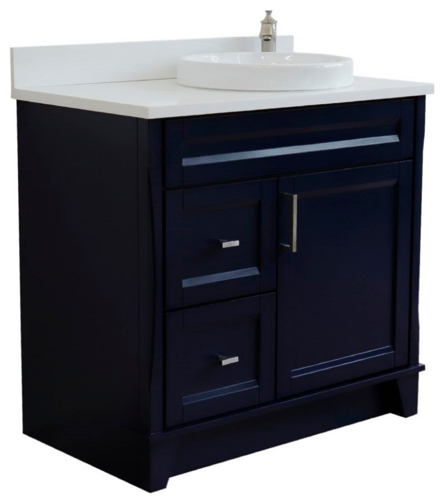 37" Single Sink Vanity, Blue Finish With White Engineered Stone Top