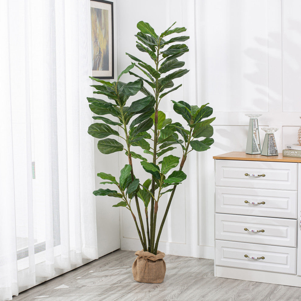 73.23" Artificial Fiddle Leaf Fig Plant, Planter, Set of 2