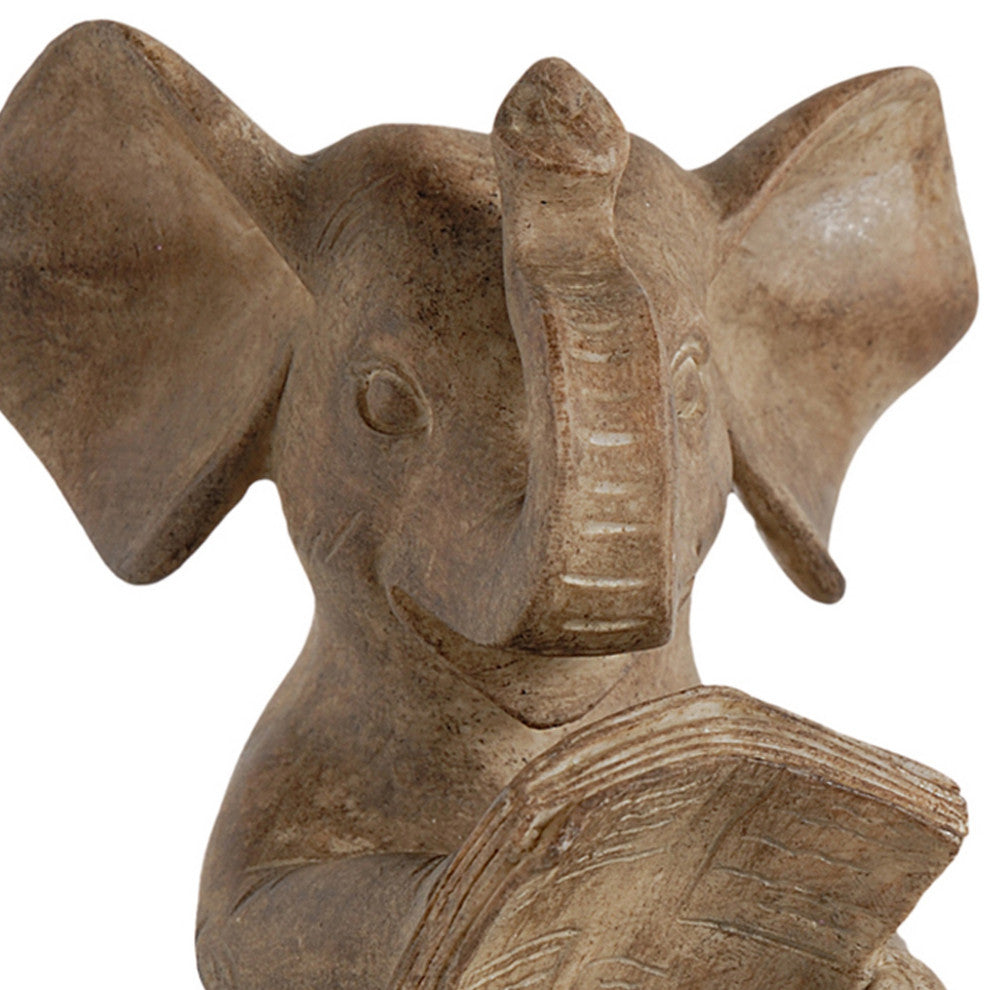 Benzara BM284984 2-Piece Set Bookends, Reading Elephant Statuettes, Brown