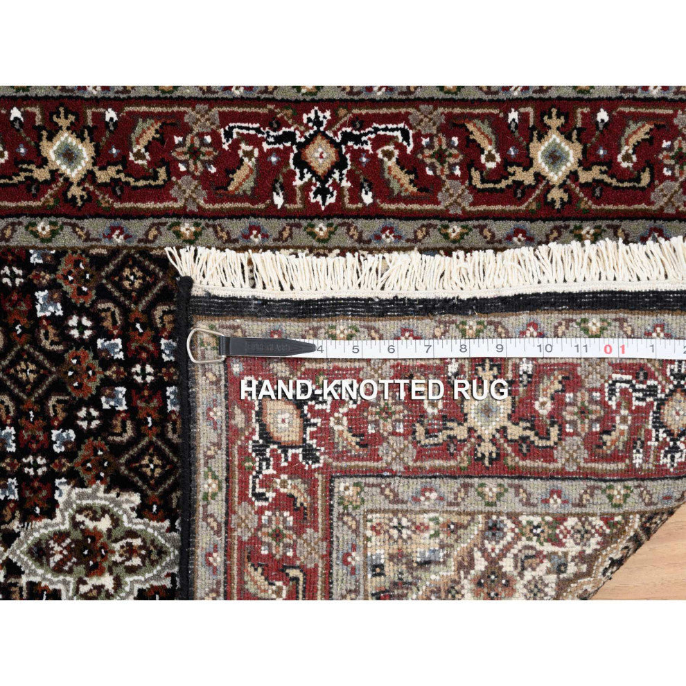 Rich Black Hand Knotted Soft Wool and Silk Runner Oriental Rug, 2'4"x27'1"