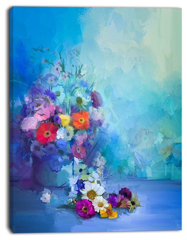 Little Flowers on Blue Background, Large Floral Canvas Artwork, 12"x20"