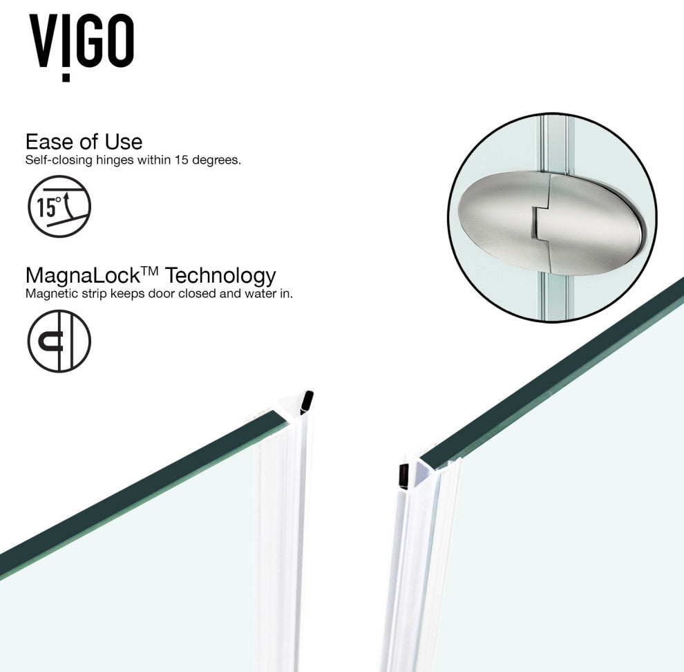 VIGO Verona Frameless Hinged Neo-Angle Shower Enclosure, Brushed Nickel, 40" D X 40" W, High Base