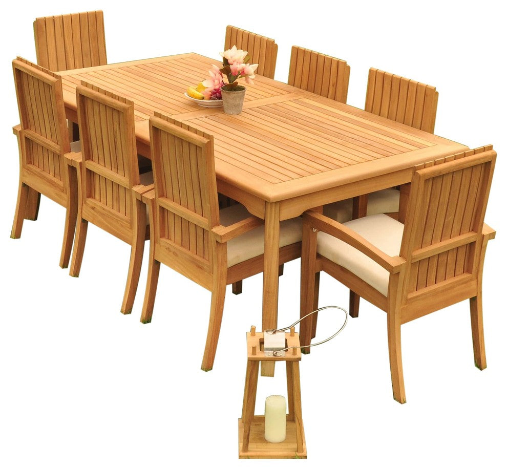 9-Piece Outdoor Teak Dining Set: 83" Rectangle Table, 8 Goa Stacking Arm Chairs