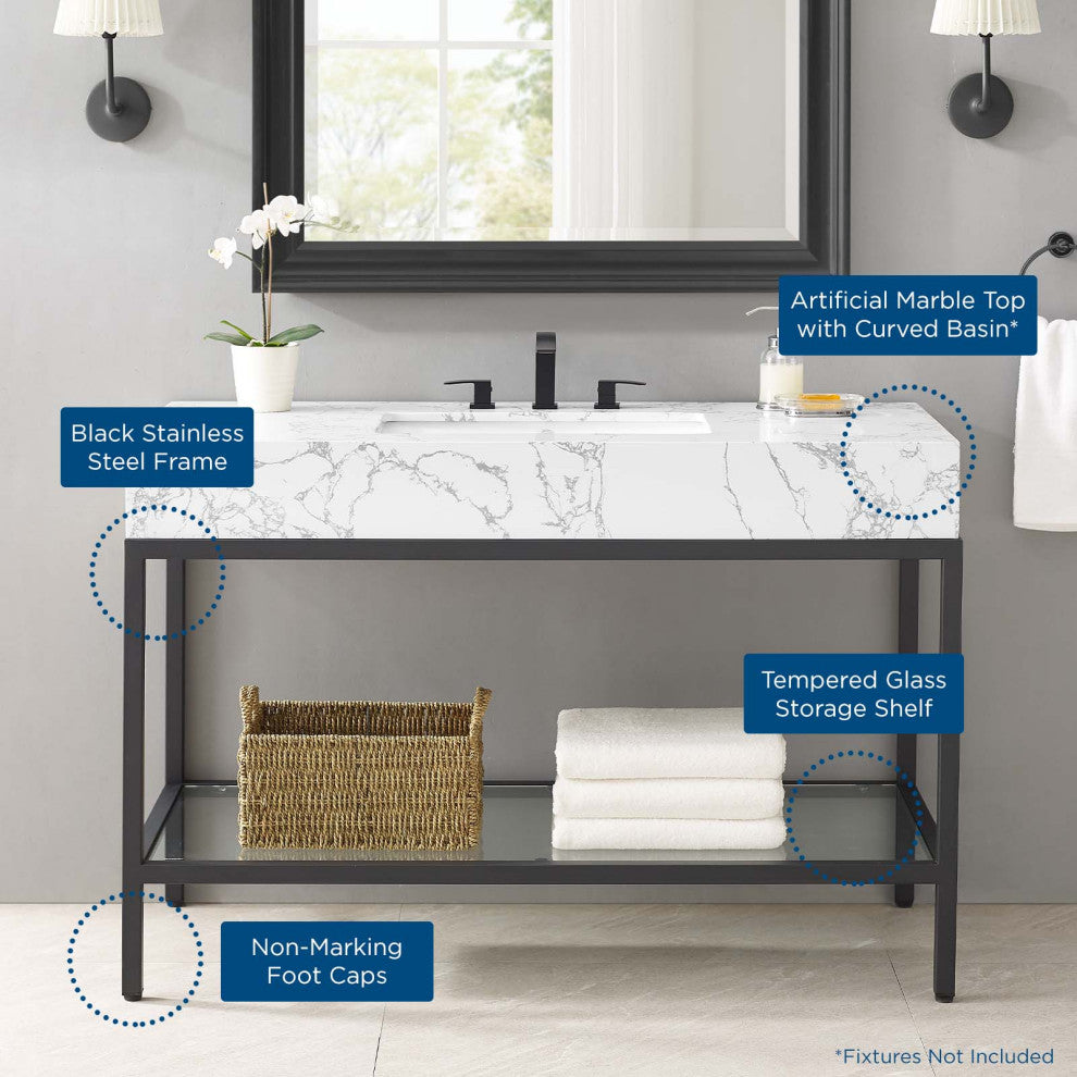 Sink Vanity Cabinet, Artificial Marble, Metal, Black White, Modern, Bathroom
