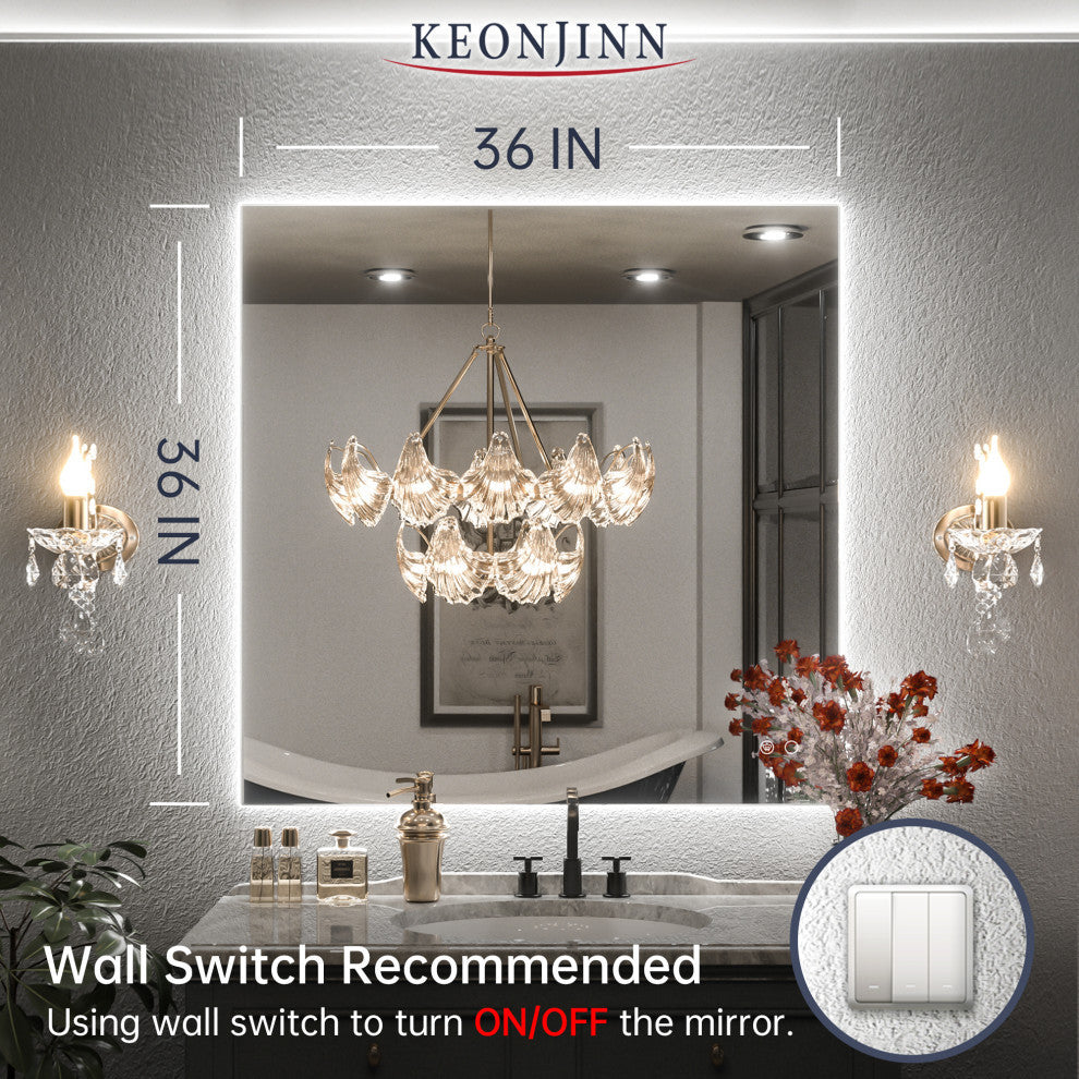 Backlit LED Mirror for Bathroom, Anti-Fog Dimmable, Silver, 36x36