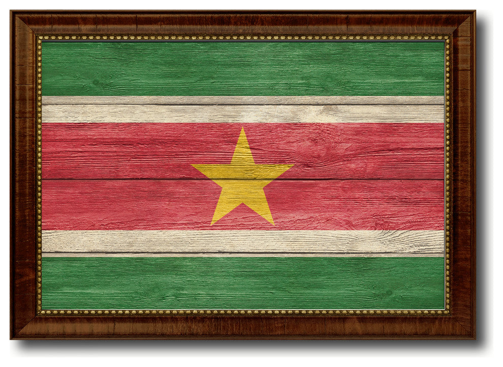 Suriname Country Textured Flag Print With Brown Gold Frame, 19"X27"