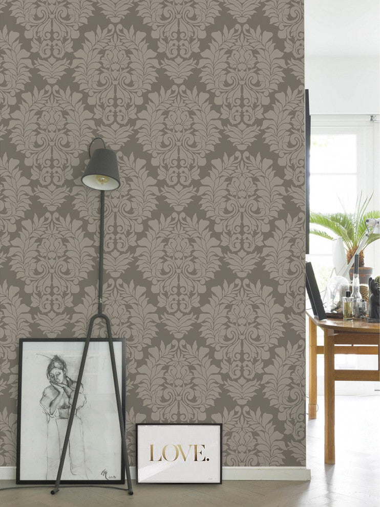 Classic Damask Peel and Stick Vinyl Wallpaper, Dark Gray, 24"w X 60"h