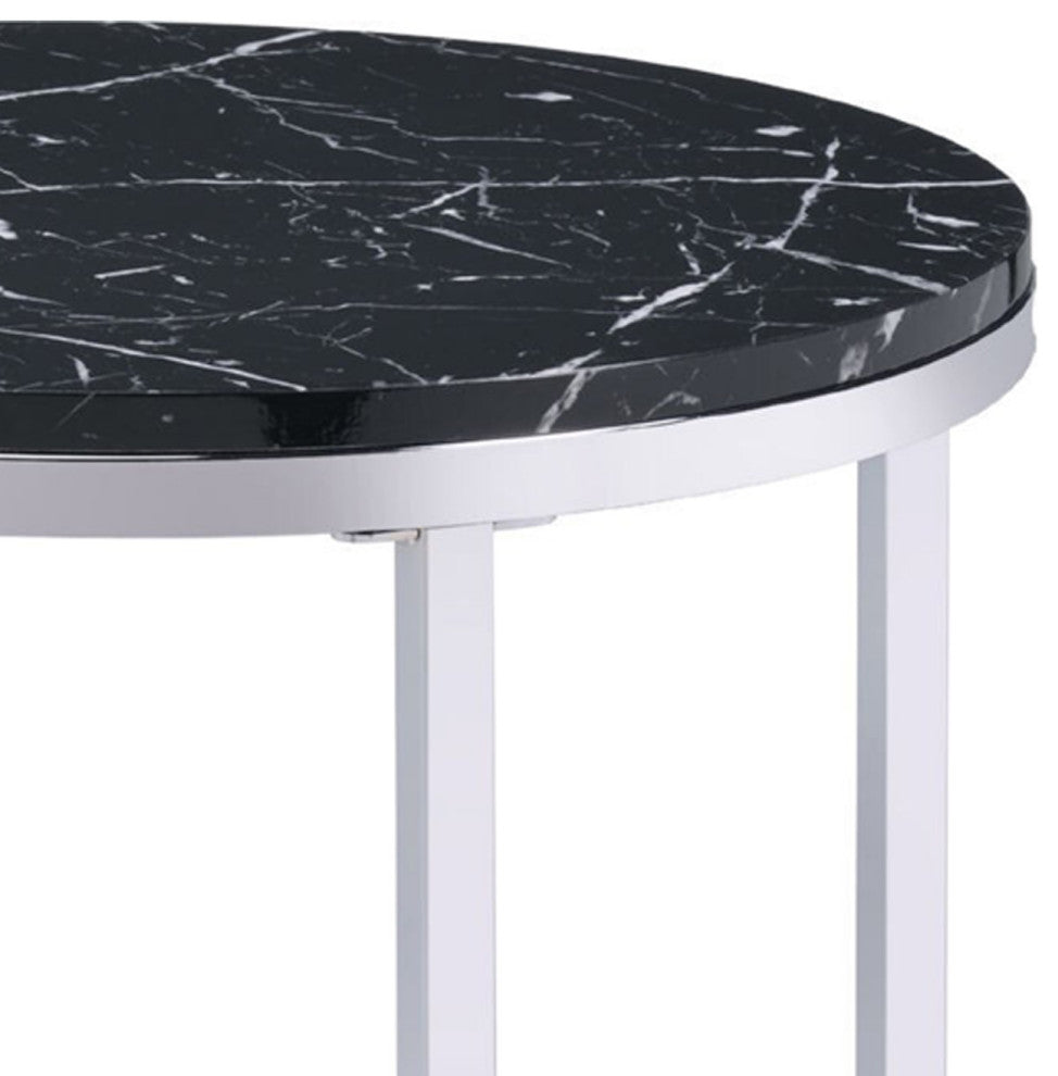 Benzara BM250265 End Table With Round Faux Marble Top and Glass Shelf, Black