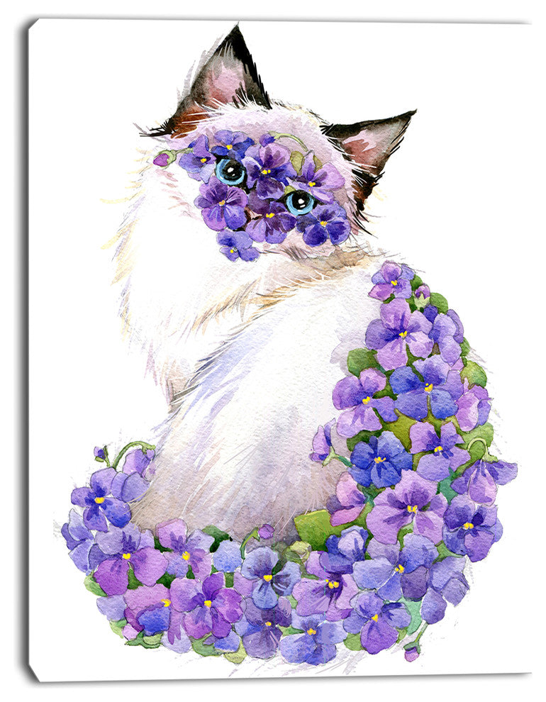 Cute Cat with Blue Flowers, Animal Canvas Art Print, 12"x20"