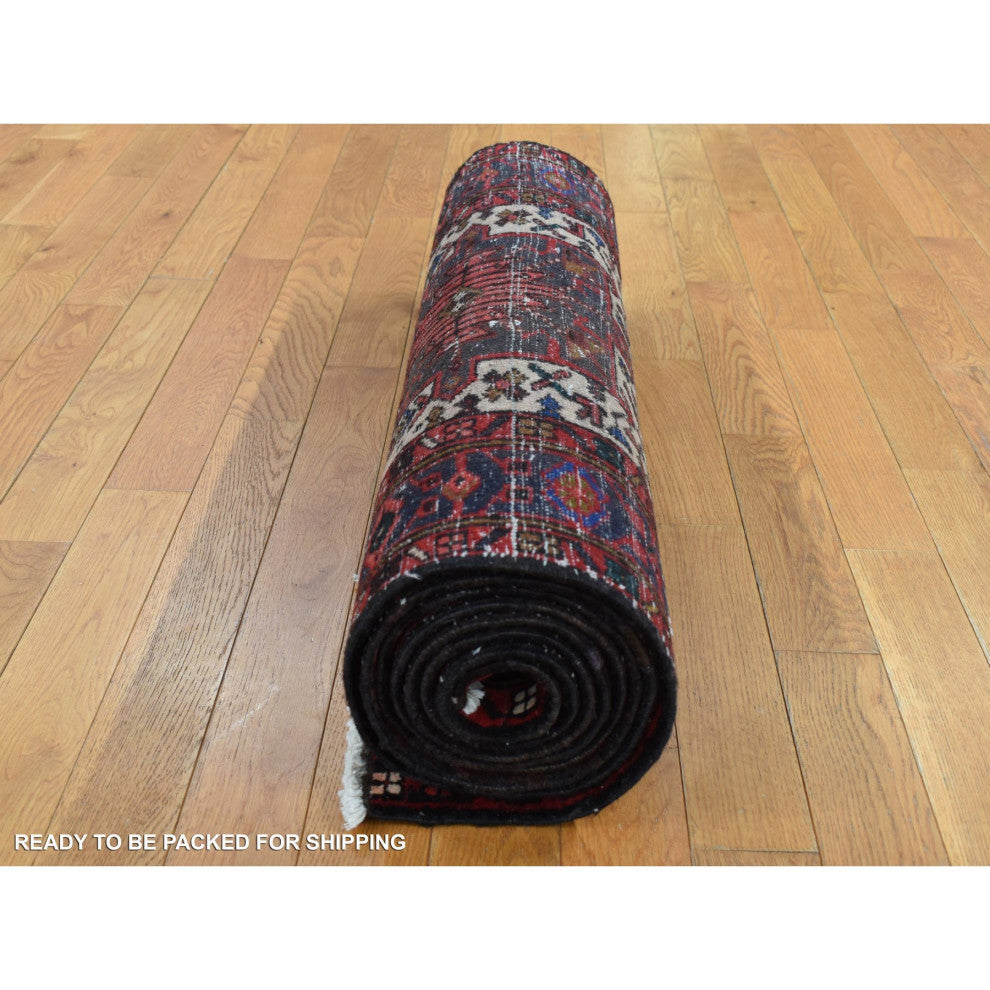 Crimson Red Vintage Persian Karajeh Pure Wool Hand Knotted Runner Rug 3'2"x10'5"