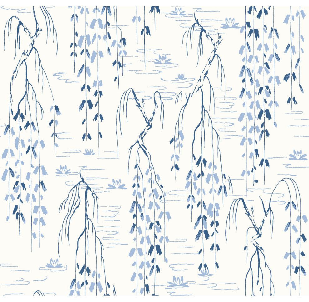 Willow Branches Wallpaper, White, Blue