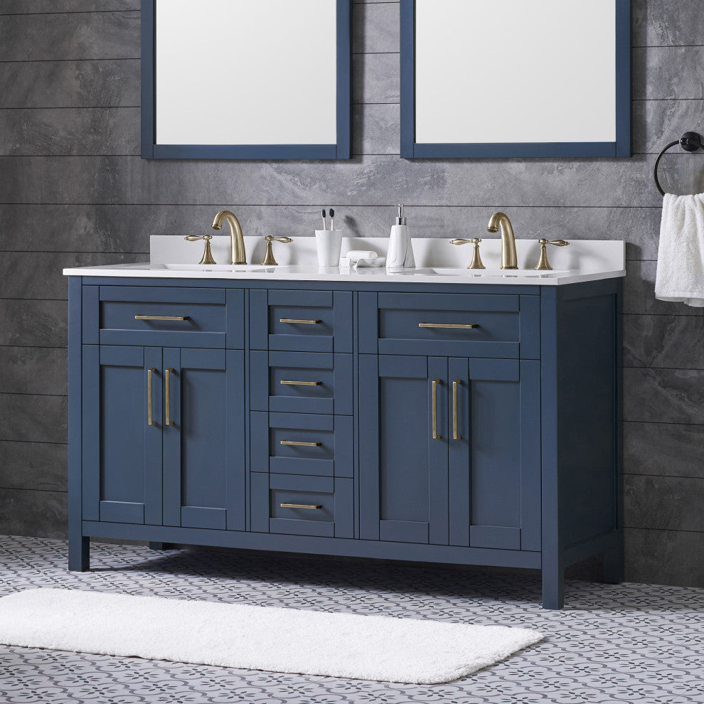 OVE Decors Tahoe Vanity, Midnight Blue With White Cultured Marble Top, 60"