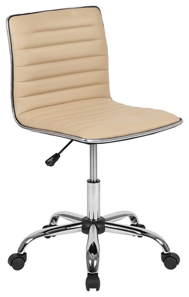 Low Back Armless Ribbed Swivel Task Office Chair, Tan Vinyl, Chrome Frame
