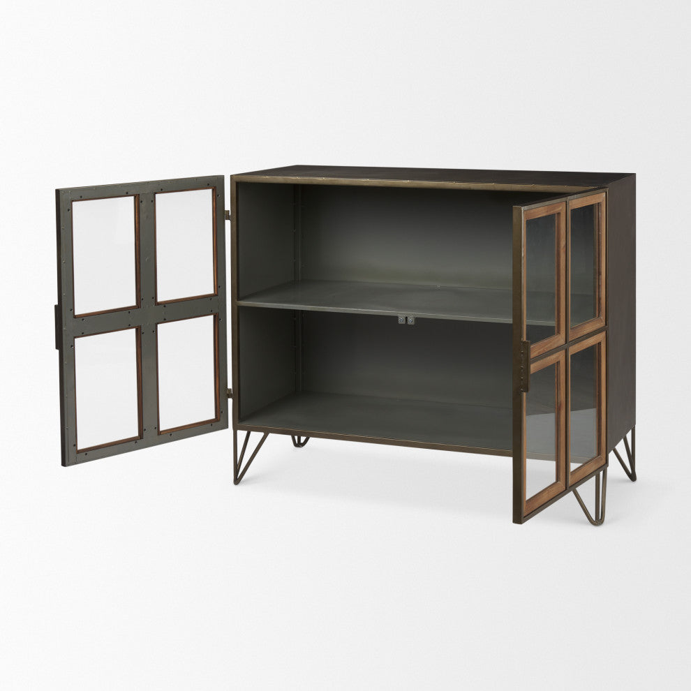 Pandora Dark Brass Metal WithRed Wood 2 Door Accent Cabinet