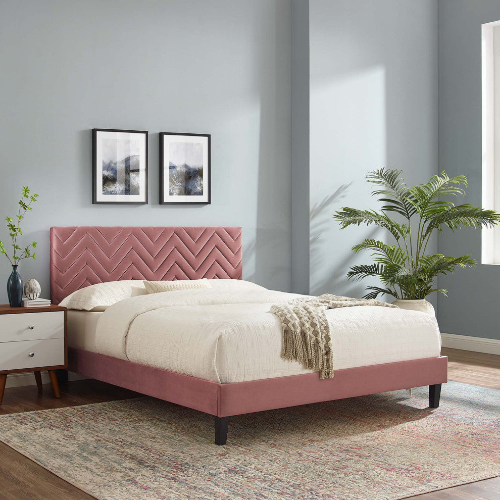 Leah Chevron Tufted Performance Velvet King Platform Bed, Dusty Rose