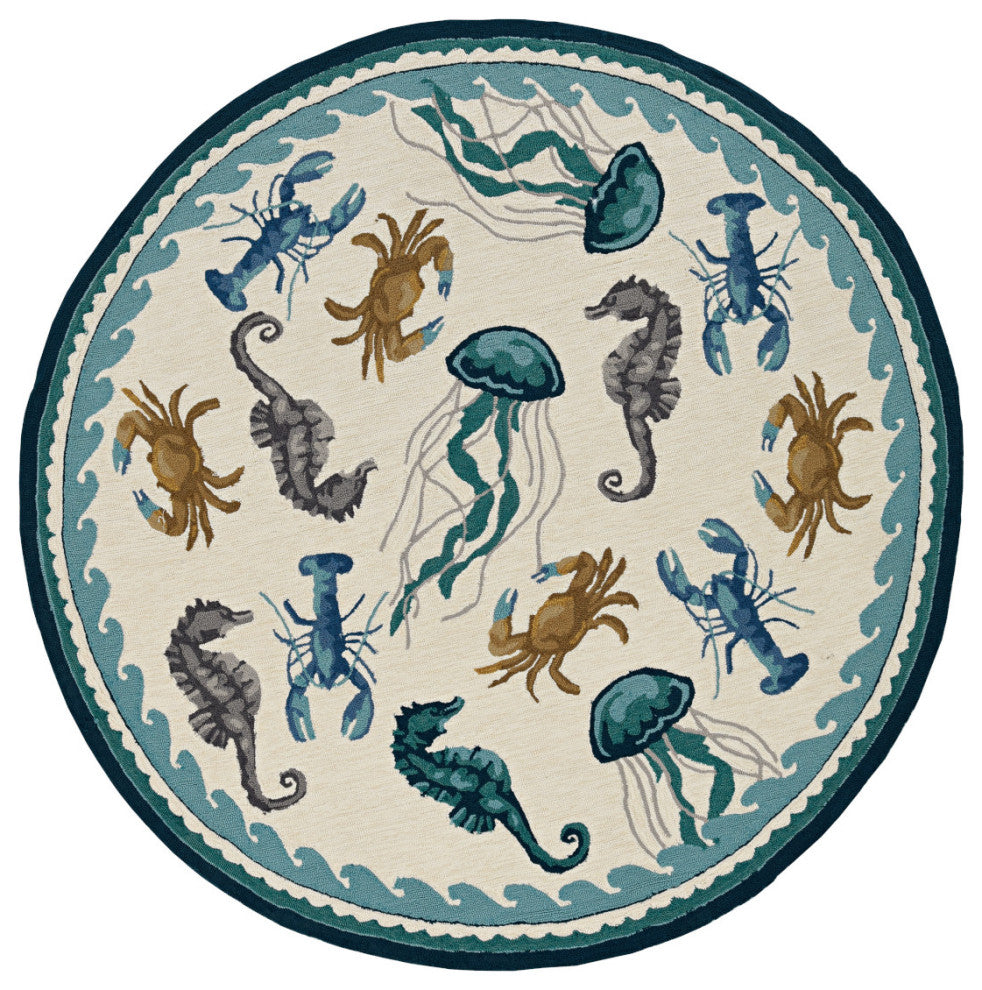 KAS Harbor 4204 Ivory/Teal Beach Life Area Rug, 8'x8' Round