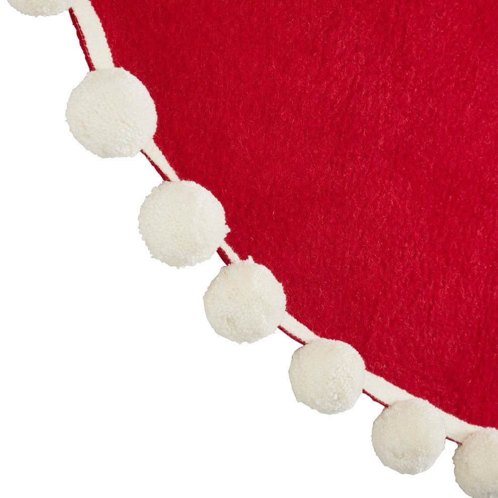 Handmade Christmas Tree Skirt in Felt, Pom Poms on Red, 63"