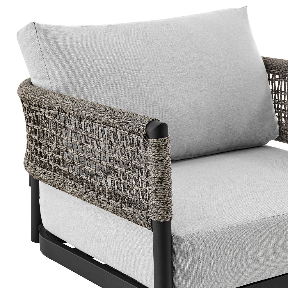 Felicia Outdoor Patio Swivel Rocking Chair in Black Aluminum and Grey Rope...