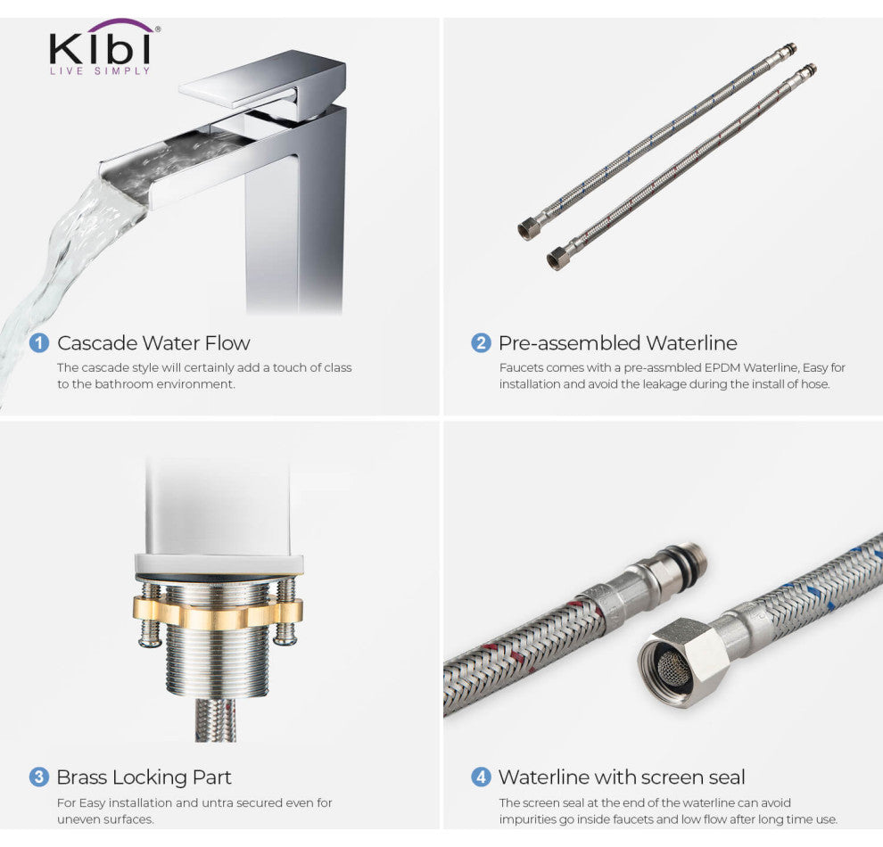 Waterfall Single Handle Vessel Sink Faucet KBF1005, Chrome, W/ Drain