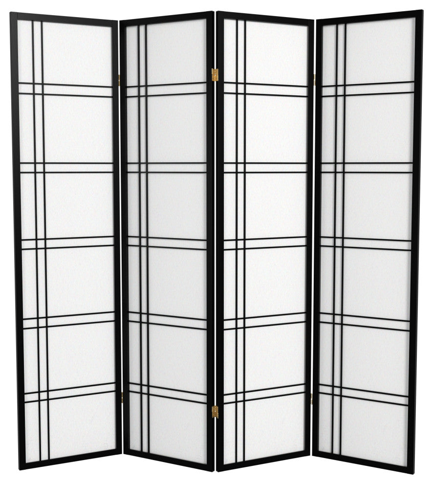 6' Tall Double Cross Shoji Screen, Black, 4 Panels