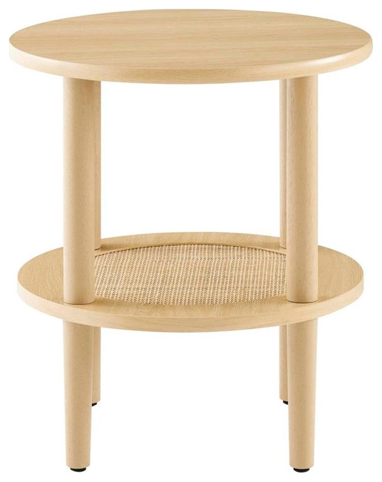 Modway Torus Round Wood Side Table with Lower Rattan Shelf in Oak