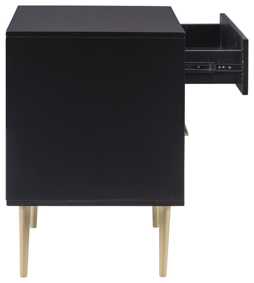 Contemporary Nightstand, 2 Storage Drawers With Gold Sculpted Pulls, Black