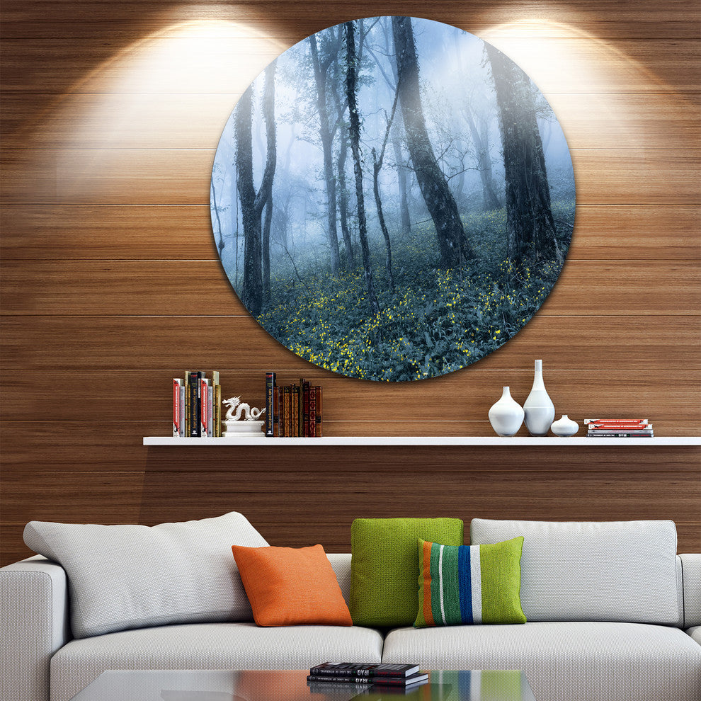 Trees In Foggy Spring Forest, Landscape Photo Disc Metal Wall Art, 11"
