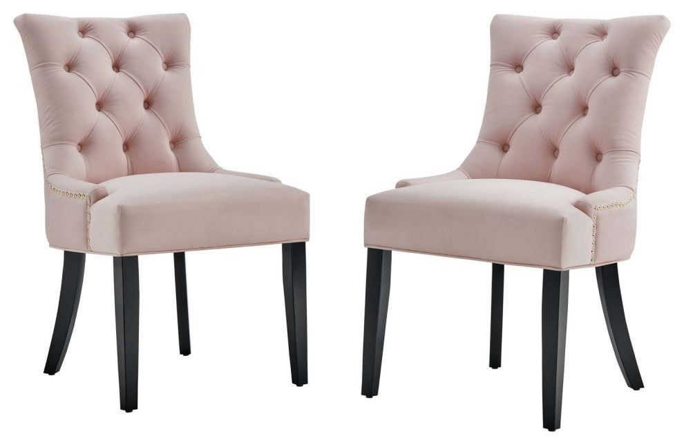 Tufted Side Dining Chair, Set of 2, Velvet, Wood, Pink, Cafe Bistro Restaurant