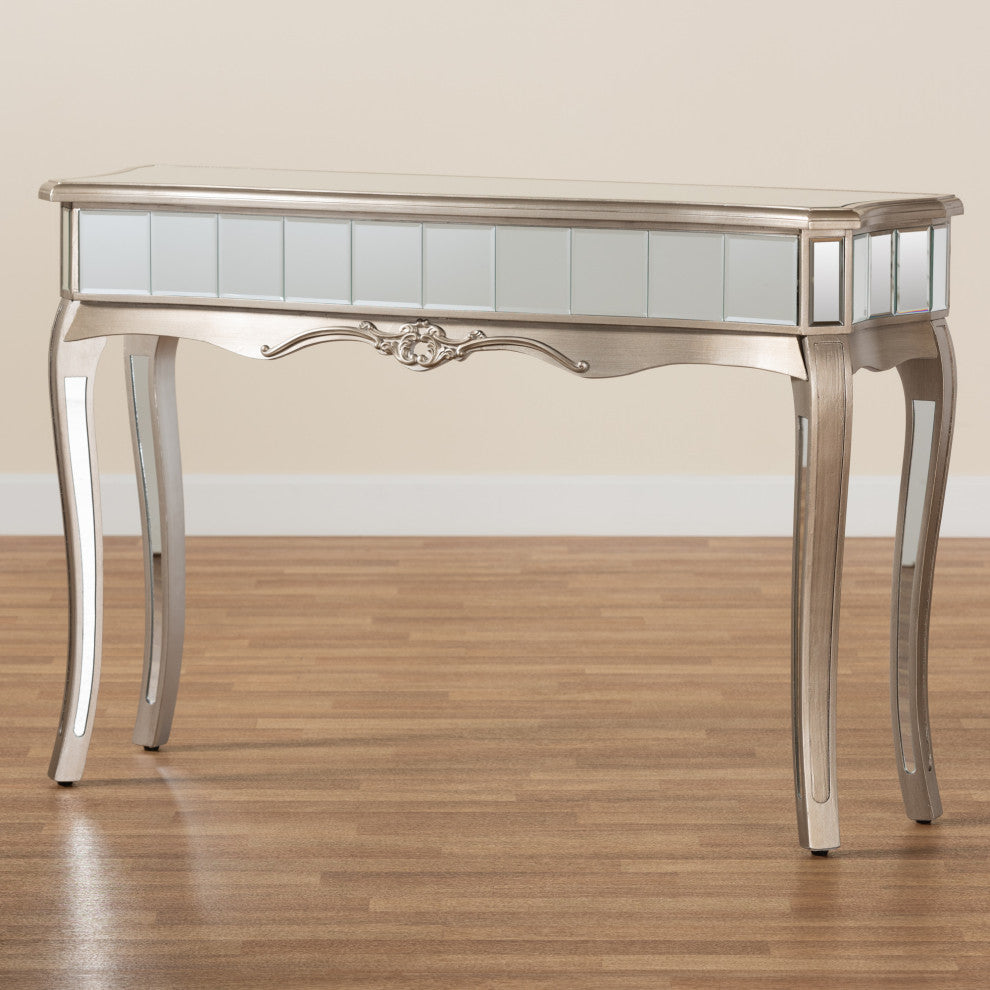 Elgin Contemporary Brushed Silver Finished Wood and Mirrored Glass Console Table