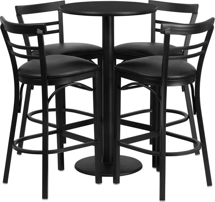 24" Round Black Laminate Table Set With 4 Ladder Back Metal Barstools