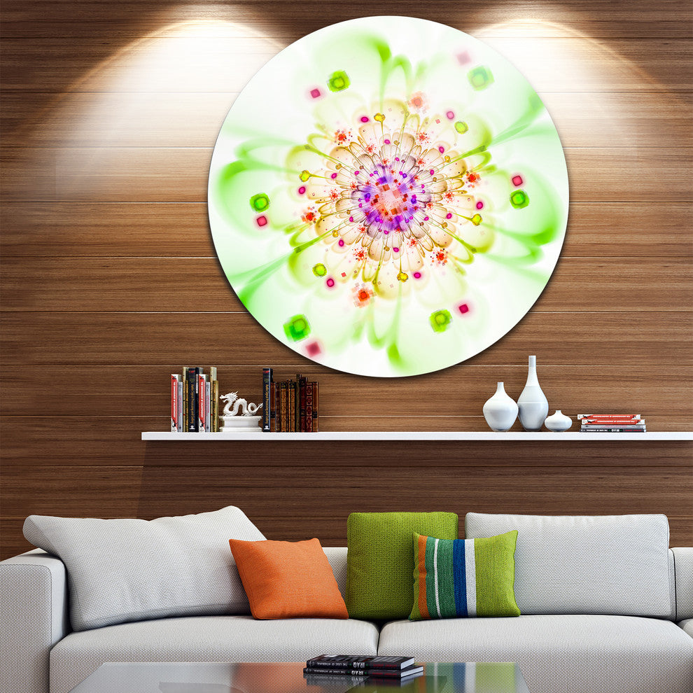 Perfect Glowing Fractal Flower In Green, Floral Disc Metal Artwork, 11"