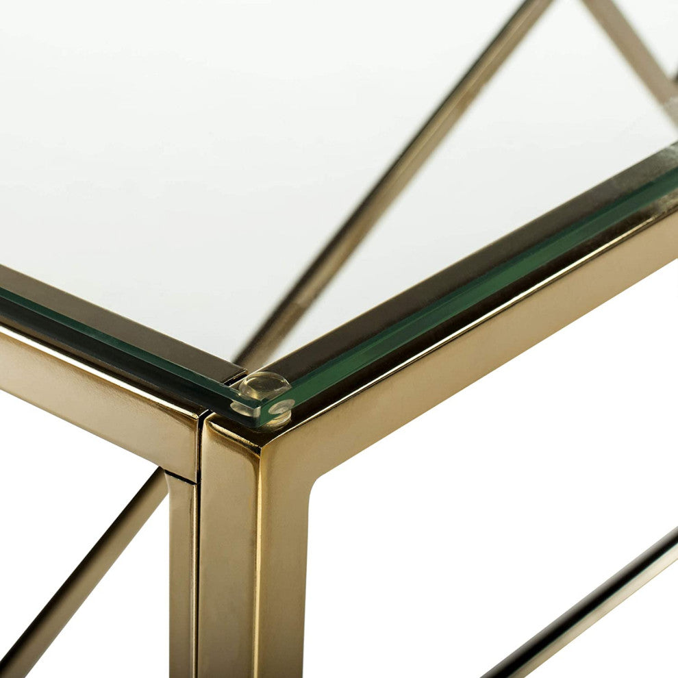 Contemporary Console Table, Geometric Frame With Tempered Glass Top, Brass