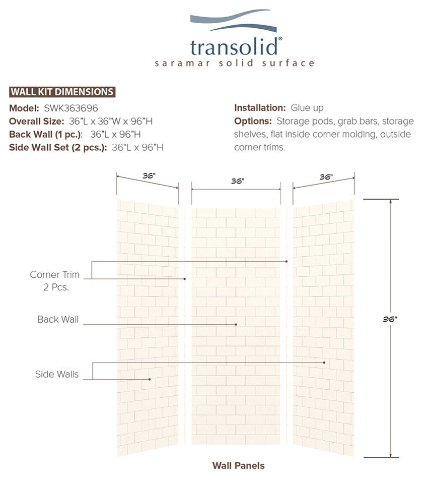 Transolid SaraMar 36in X 36in X 96in Glue to Wall 3-Piece Shower Wall Kit, White