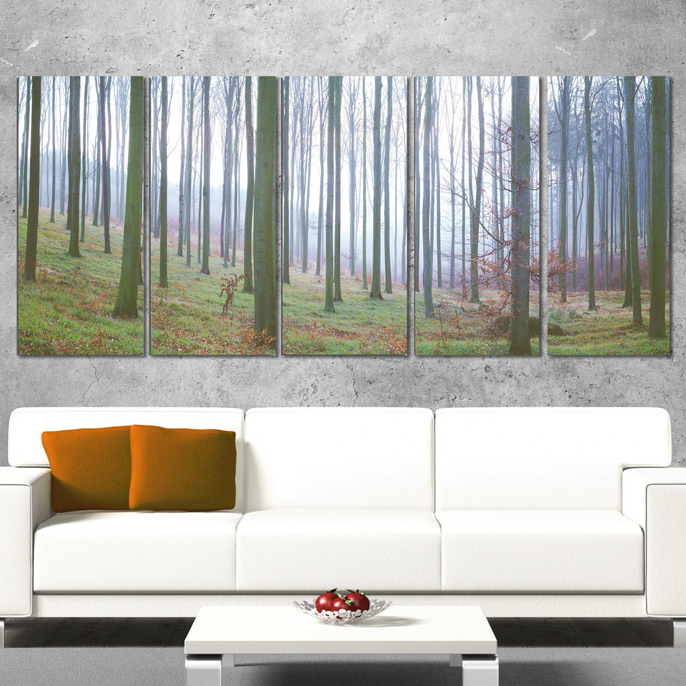 "Autumn Tree Trunks Panorama" Oversized Forest Canvas Artwork, 5 Panels, 60"x28"