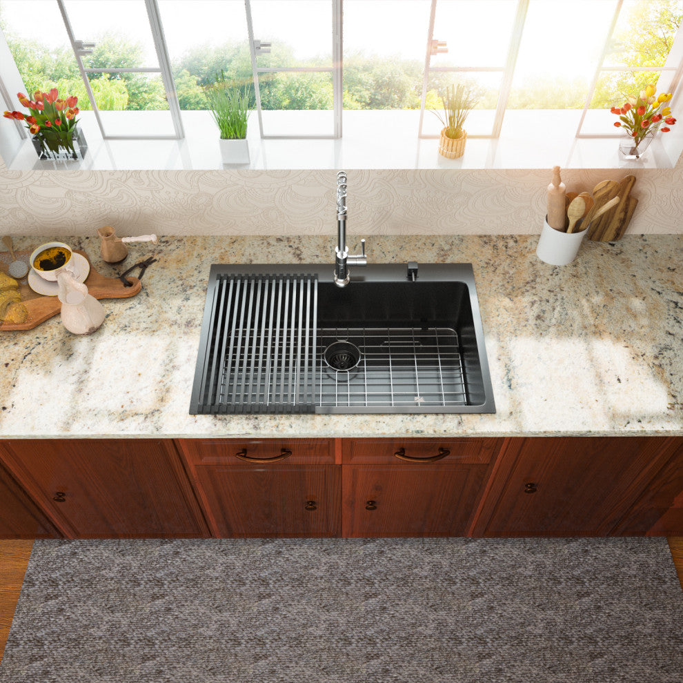 Gunmetal Black Topmount Kitchen Sink Handmade Stainless Steel Single Bowl Sink