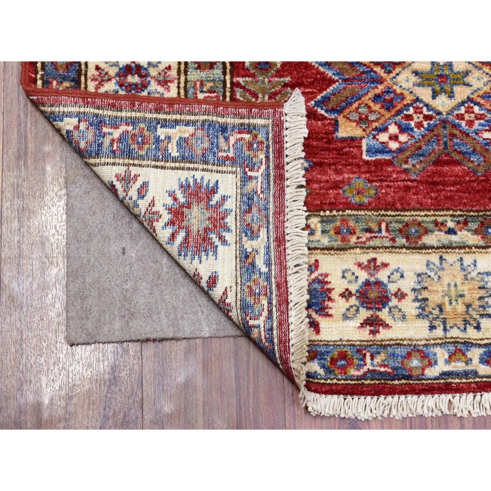 Rich Red Hand Knotted Kazak With Geometric Medallions Wool Runner Rug, 3'1"x11'
