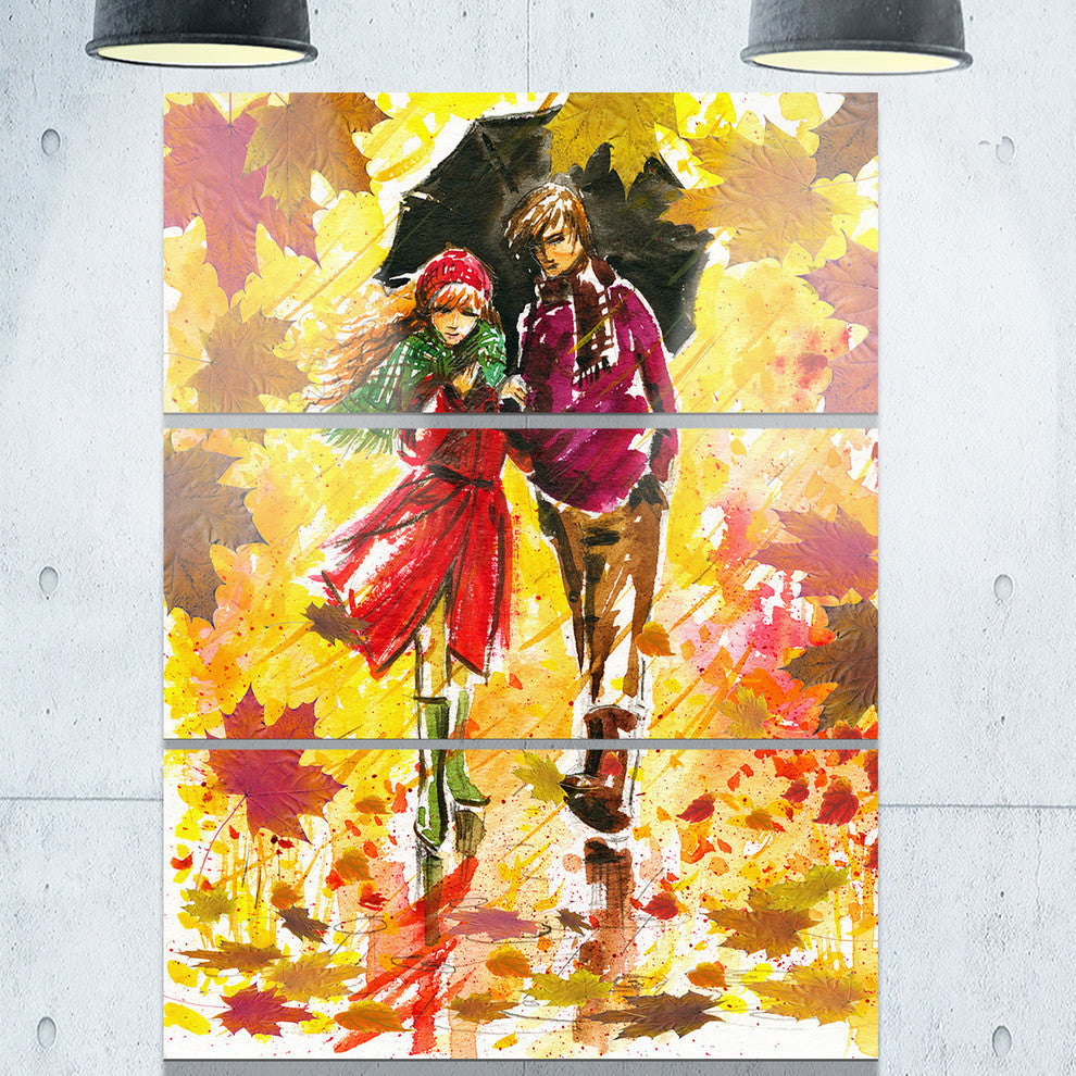 "Autumn Walk of Couple" Glossy Metal Wall Art, 3 Panels, 28"x36"