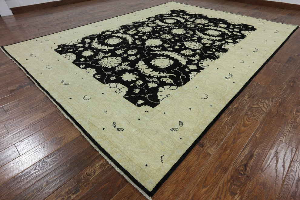 Oriental Chobi Peshawar Black Hand Knotted 9'x12' Rug, W2236