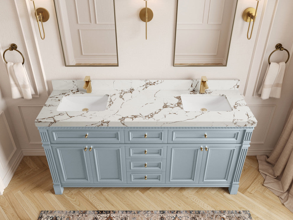 Paris 72" Double Sink Bathroom Vanity, Blue Heather 2" Viola Brown