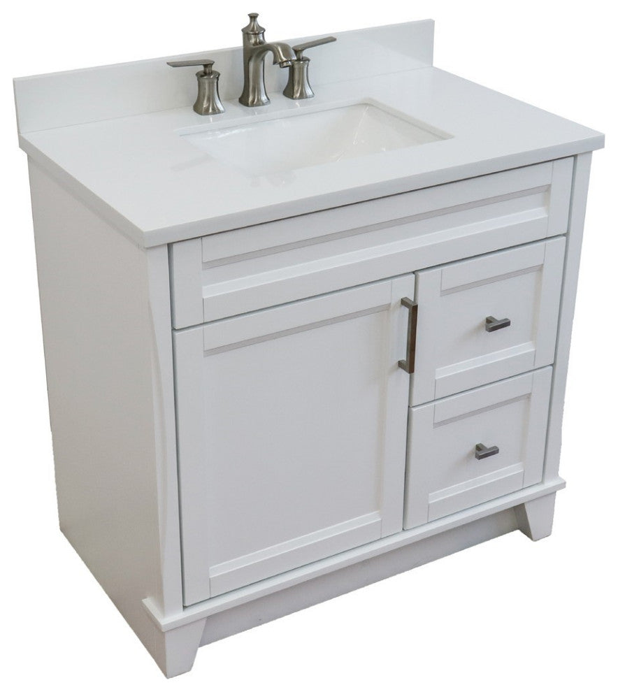 37" Single Sink Vanity, White Finish With White Engineered Stone Top
