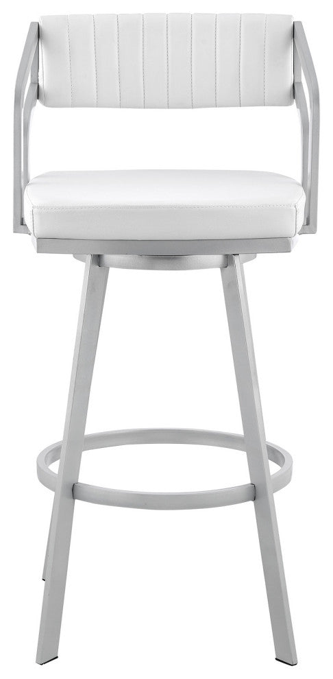 30" Timeless White Faux Leather Silver Finish Swivel Bar Stool
