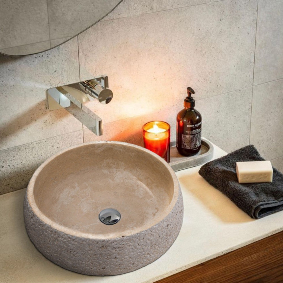 Light Beige Travertine Vessel Sink Honed Inside&Sandblasted Outside (D)16" (H)6"