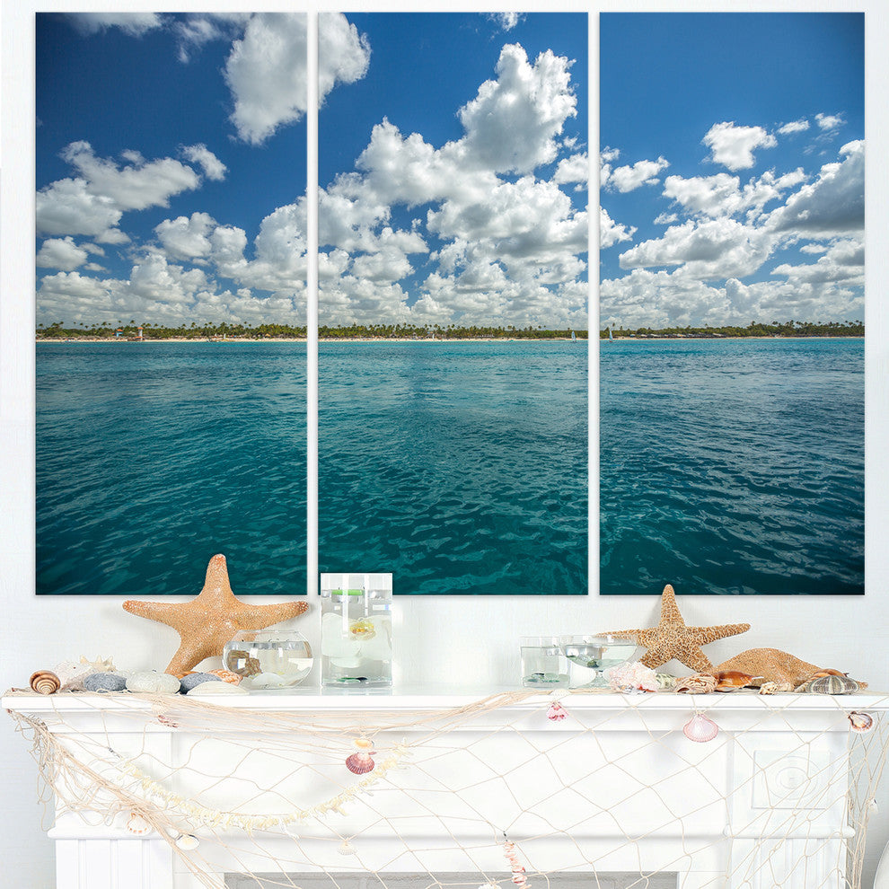 "White Fluffy Clouds Over Sea" Oversized Beach Metal Wall Art, 3 Panels, 36"x28"