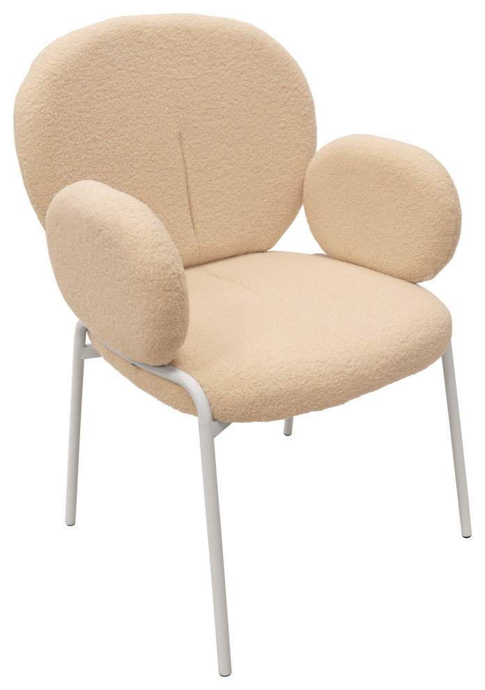 Celestial Boucle Dining Chairs With Arms, White Iron Legs, Beige