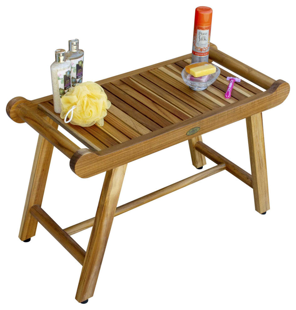 HomeRoots Rectangular Teak Shower Bench With Handles, Natural Finish