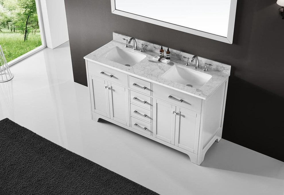 60" Double Sink Bathroom Vanity With Carrara Marble Top